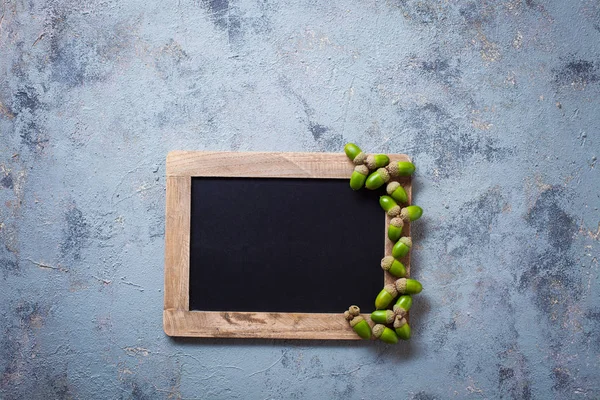 Autumn Mood Concept Blank Chalkboard Green Acorns — Stock Photo, Image