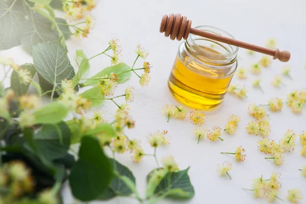 Jar Linden Honey Fresh Flowers Food Drink — Stock Photo, Image