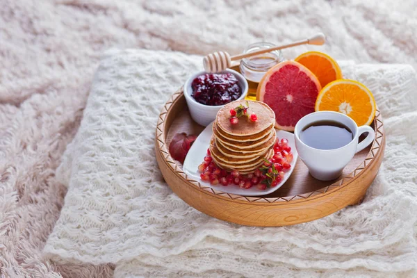 Pancakes Breakfast Bed Perfect Day Food Drink — Stock Photo, Image