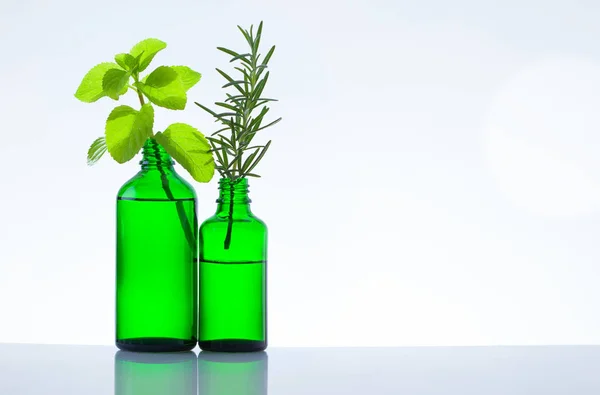 Cosmetic Bottles Herbs White Background — Stock Photo, Image
