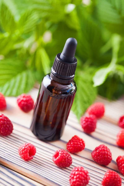 Bottle Raspberry Seed Oil Fresh Fruit Beauty Treatment — Stock Photo, Image