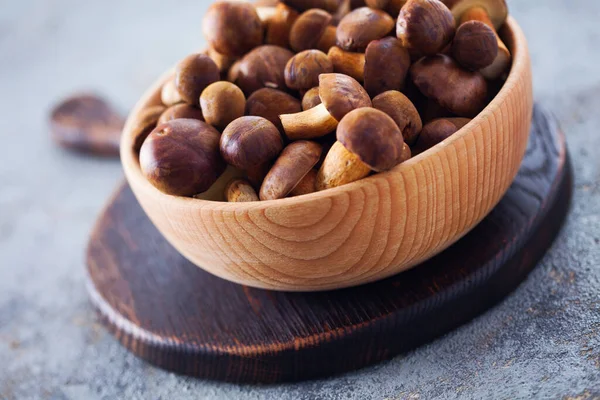Wooden Bowl Full Fresh Mushrooms Food Drink — Stock Photo, Image