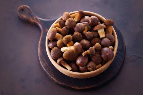 Wooden Bowl Full Fresh Mushrooms Food Drink — Stock Photo, Image