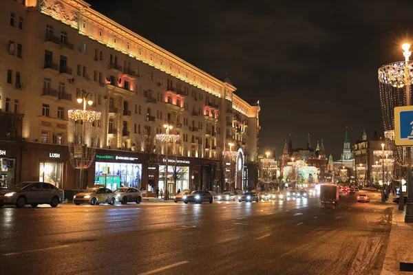 Moskva Rusko Ledna 2019 Moskva Slavnostní Osvětlení Noci Tverská Ulice — Stock fotografie