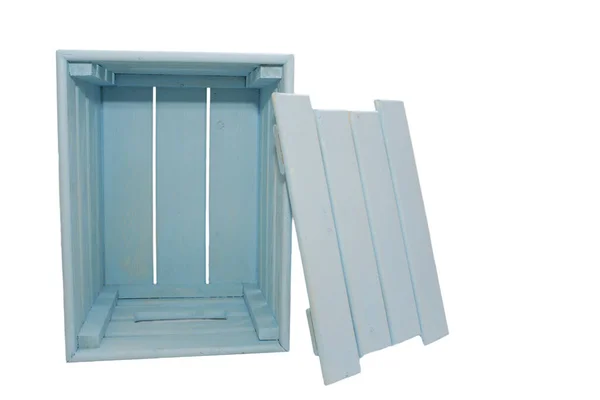 Ξύλινο Κουτί Γαλάζιο Χρώμα Απομονωμένα Λευκό Φόντο — Φωτογραφία Αρχείου