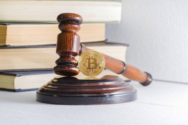 Hâkim'in çekiç ve bitcoin altın sikke. Dijital para