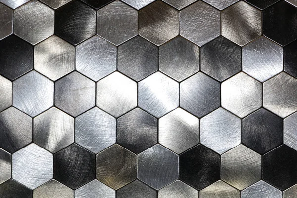 Moderna Bakgrund Med Metall Hexagoner Och Svart Kontur Makro Skott — Stockfoto