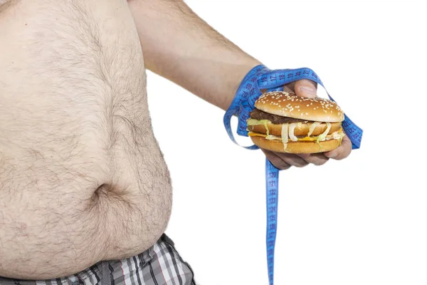 Бургер Чизбургер Руках Изоляцией Ленты Белом Фоне Здоровая Концепция Потери — стоковое фото