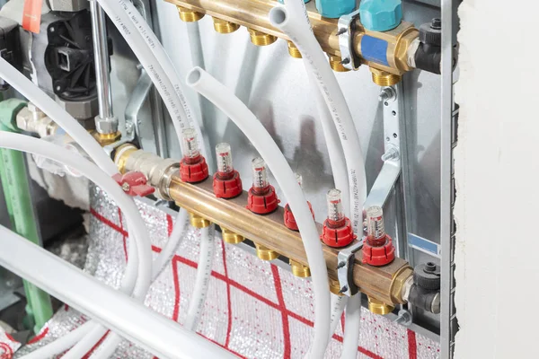 Main Control manifold of house floor heating system. — Stock Photo, Image
