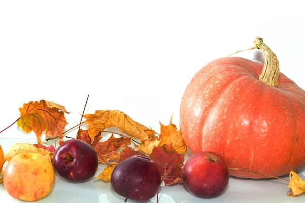 En la mesa hay manzanas y calabazas. Bodegón de otoño. Calendario de otoño — Foto de Stock