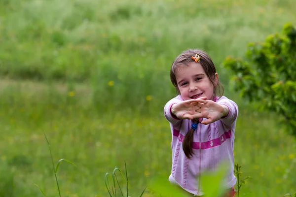 一个戴着眼镜的小女孩站在春天的草地上 — 图库照片
