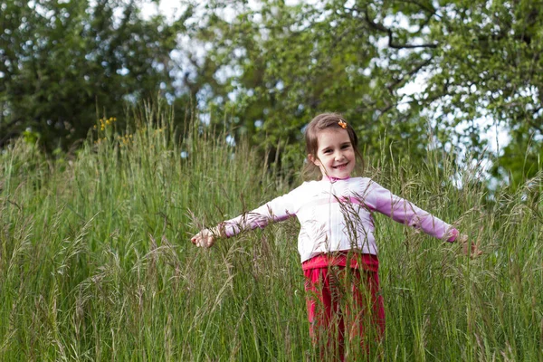 Petite Fille Avec Des Lunettes Posant Dans Herbe Printemps — Photo