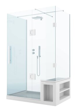 Beyaz arka plan üzerinde izole modern duş kabini. 3D çizim