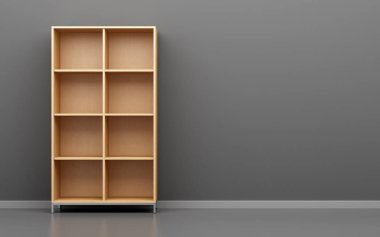 ahşap ofis dolap raf gri duvar önünde. 3D çizim