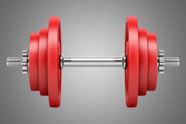 gri arka plan üzerinde izole kırmızı halter. 3D çizim