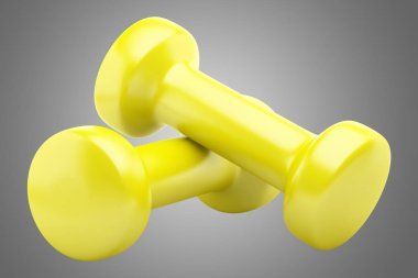 gri arka plan üzerinde izole sarı dambıl. 3D çizim