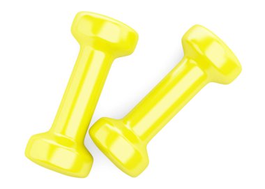 Beyaz arka plan üzerinde izole sarı halter. 3D çizim