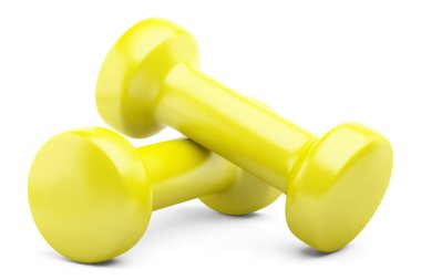 Beyaz arka plan üzerinde izole sarı dambıl. 3D çizim