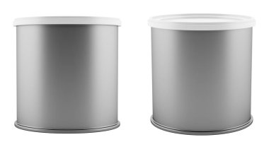 Beyaz arka plan üzerinde izole beyaz plastik kapaklı metal boş teneke kutu. 3D çizim