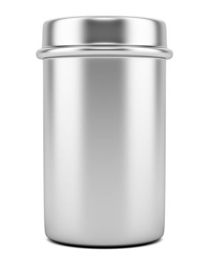 Beyaz arka plan üzerinde izole boş metalik kalay. 3D çizim