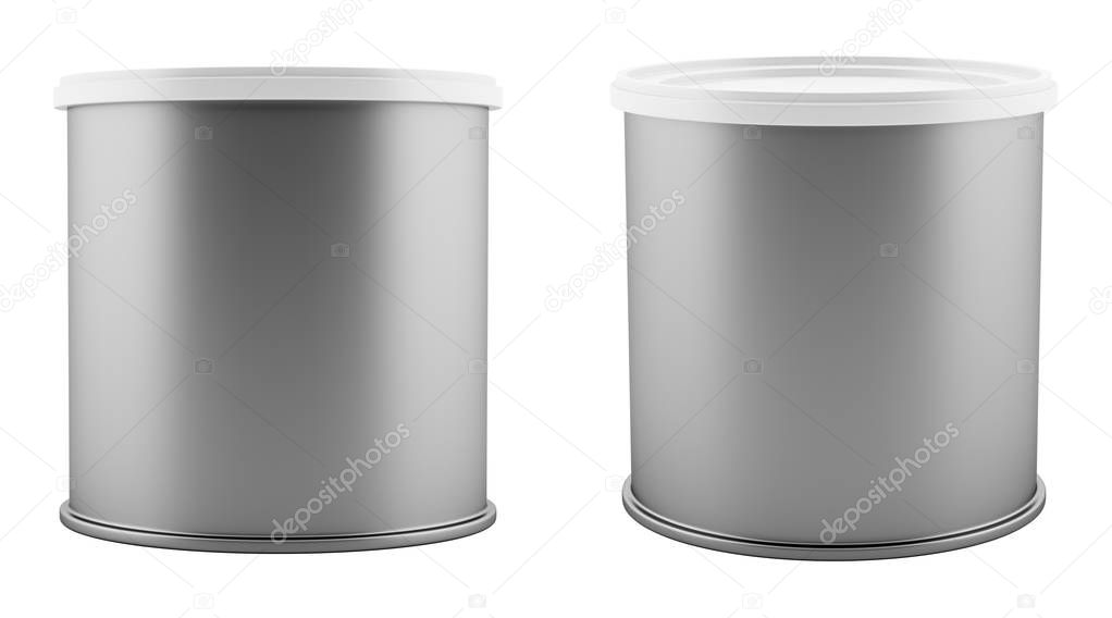 blank metal tin can with white plastic lid isolated on white background. 3d illustration