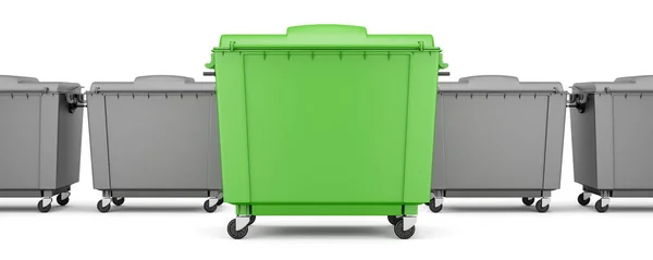 Groene Afval Container Onder Grijze Containers Geïsoleerd Een Witte Achtergrond — Stockfoto