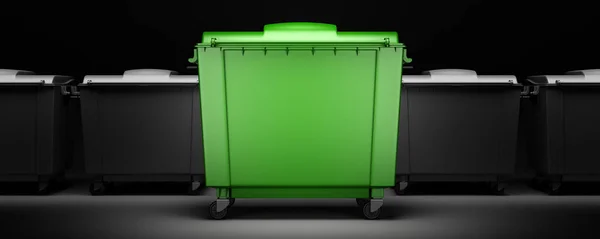 Groene Afval Container Onder Grijze Containers Geïsoleerd Donkere Achtergrond Illustratie — Stockfoto