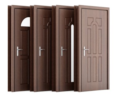 Beyaz arka plan üzerinde izole dört ahşap kapılar. 3D çizim