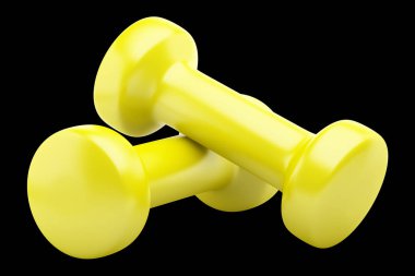 siyah arka plan üzerine izole sarı dambıl. 3D çizim