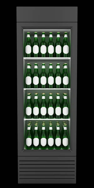 市场冰箱与啤酒隔离在黑色的背景 — 图库照片