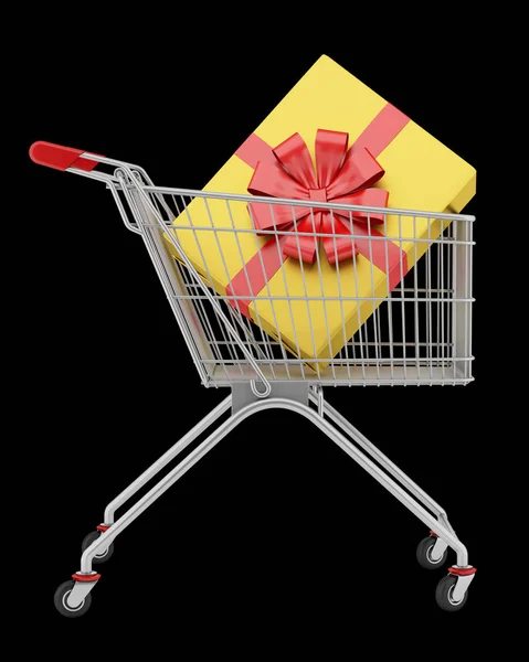 Shopping Cart Gift Box Isolated Black Background Illustration — Stock Photo, Image