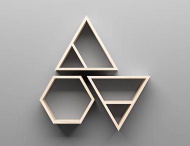 boş ahşap raflar ile üst ışık gri duvar üzerinde. 3D çizim