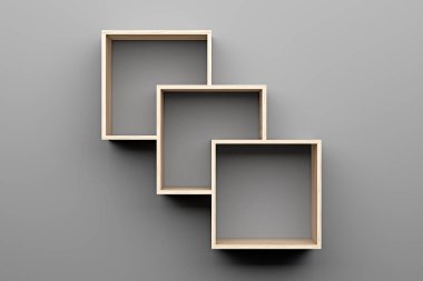 boş ahşap raflar ile üst ışık gri duvar üzerinde. 3D çizim