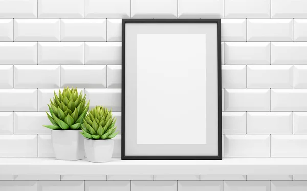 Black Picture Frame Mock Green Potted Plants White Shelf Illustration — Stock Photo, Image