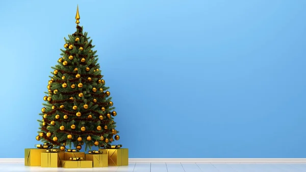 Albero Natale Decorato Con Scatole Regalo Camera Blu Illustrazione — Foto Stock