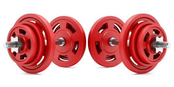 Dois halteres vermelhos isolados sobre fundo branco. ilustração 3d — Fotografia de Stock