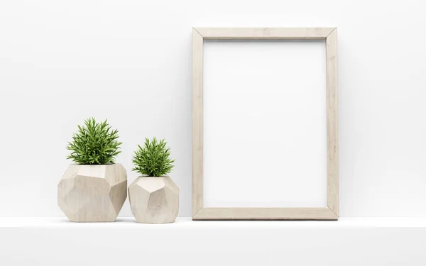 wooden picture frame mock up and green potted plants on white sh