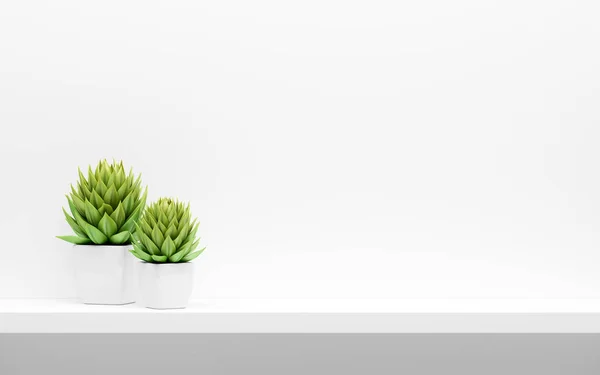 Regal an weißer Wand mit grünen Topfpflanzen. 3d illustr lizenzfreie Stockfotos