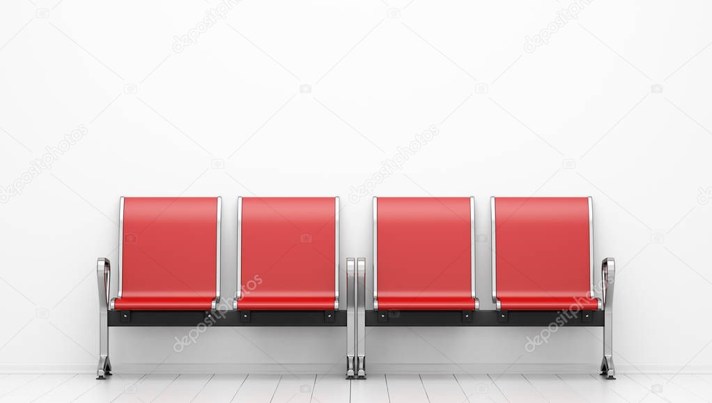 red waiting chairs in front of white wall. 3d illustration