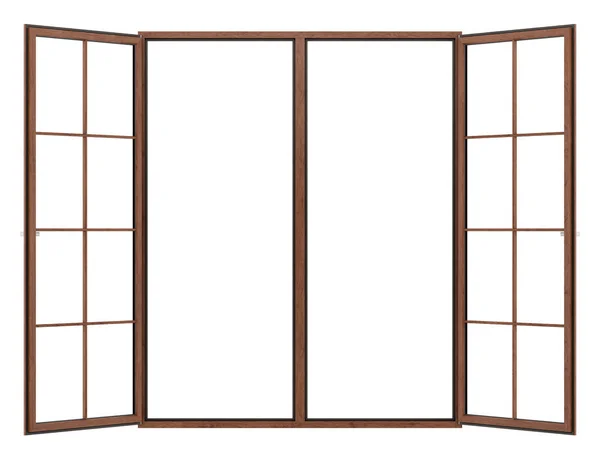 Janela de madeira aberta isolada no fundo branco. ilustração 3d — Fotografia de Stock