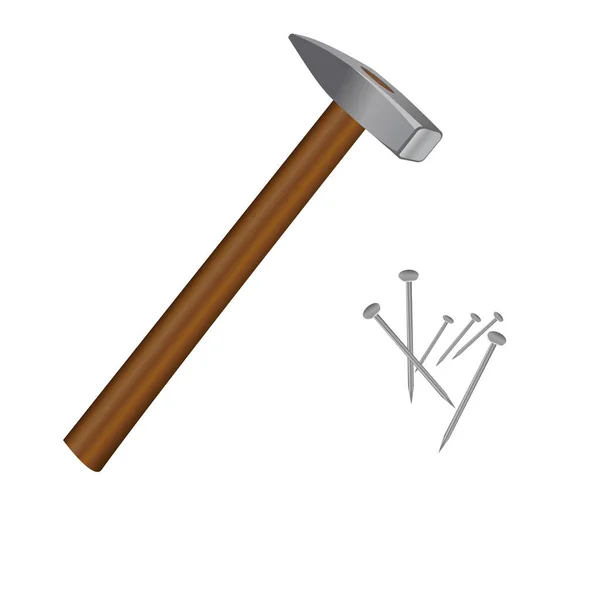 Eisenhammer Mit Holzstiel Und Sechs Nägeln Auf Weißer Oberfläche Vektorbild — Stockvektor