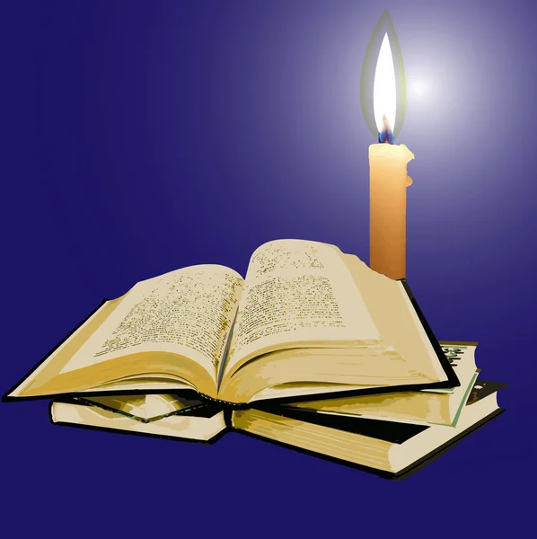 Vektorbild Eines Bücherstapels Hintergrund Ist Eine Brennende Kerze Sehen Alles — Stockvektor