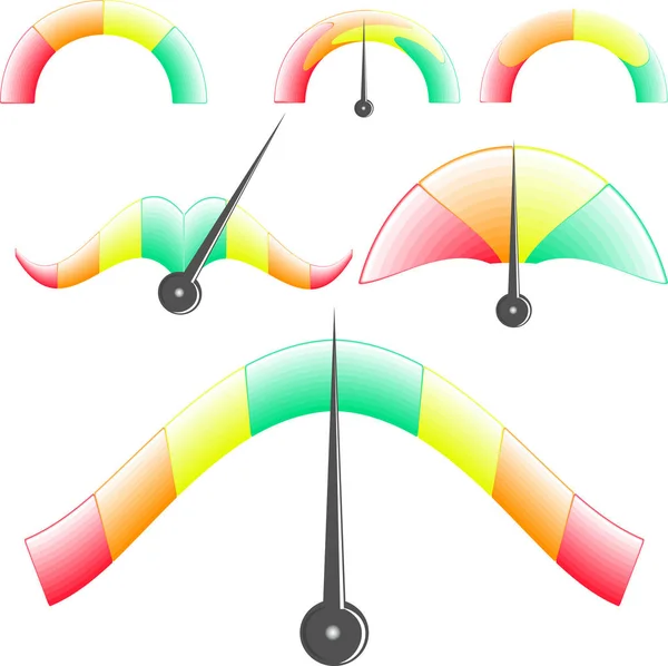 Six Indicateurs Performance Multicolores Qui Changent Couleur Échelle Rouge Gree — Image vectorielle