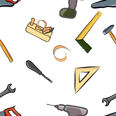 vektör Dikişsiz desen işleme ve ölçüm için bir araç. Planya, matkap, çekiç, üçgen ve diğerleri.