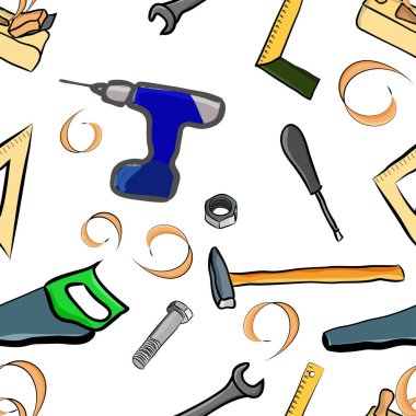 vektör Dikişsiz desen işleme ve ölçüm için bir araç. Planya, matkap, çekiç, üçgen ve diğerleri.