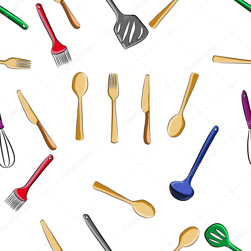 seamless pattern of kitchen tools set, spoon, scoop, etc