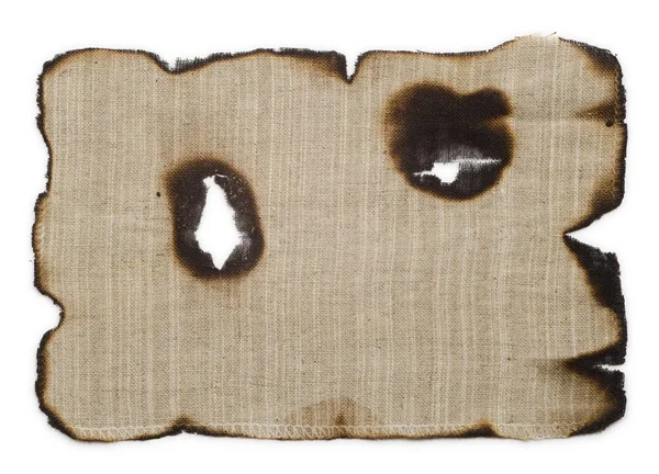 旧亚麻织物 在白色表面上有烧焦的边缘 面料与明亮的纹理 — 图库照片#