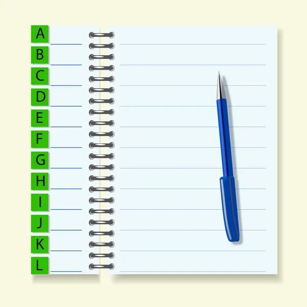 Notebook na sprężynach żelaznych z długopisem. — Wektor stockowy