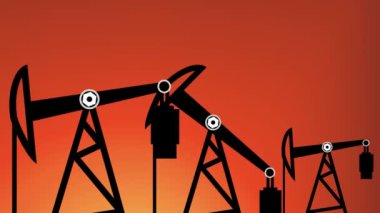 petrol üretim sürecini gösteren animasyon. Gün batımı arka planda üç petrol kulesi.