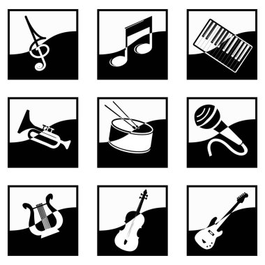 black and white icons on the theme of music